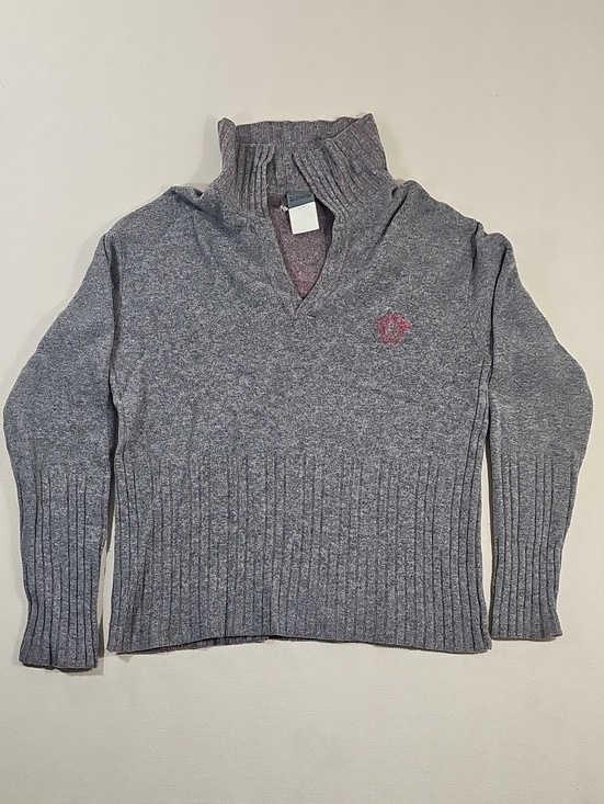 Versace Jeans Collection Sweaters - Versace Jeans Collection Gray Ribbed Mock-Collar Sweater with Pink Crest